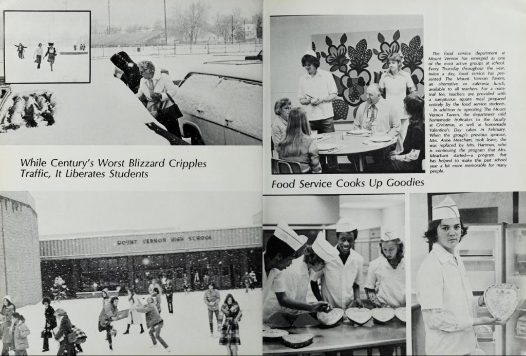 year book page with various images on it, including kids playing in the snow