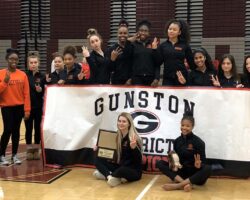 Hayfield gymnasts posing in front of and behind a Gunston District Champions banner