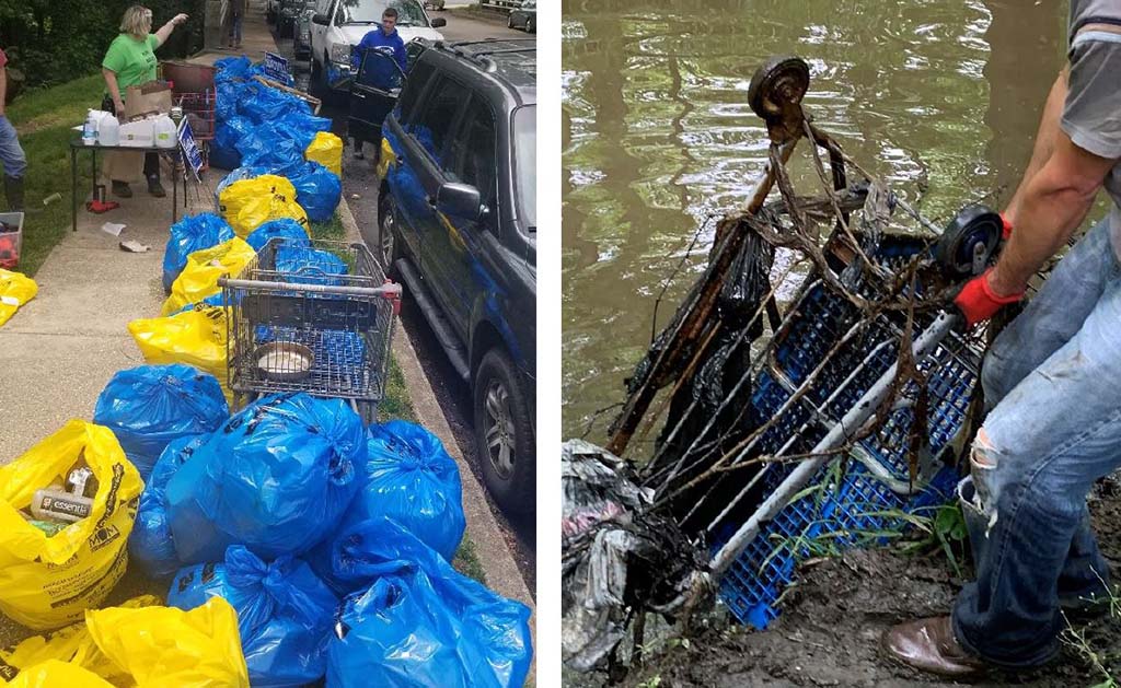 Two images, one with trash bags and the other with a person pulling a cart out of the creek