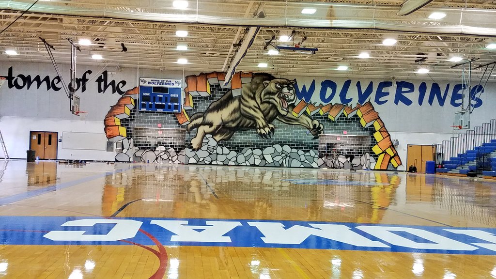 Mural seen from across gym